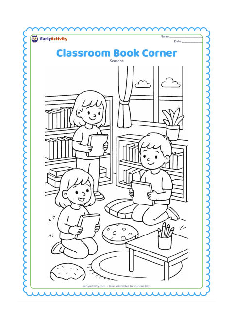 Colouring page: Three children choose and arrange blank-covered books in a classroom reading corner. Include low shelves, floor cushions, a small rug, a window, a plant and a reading table with pencils.