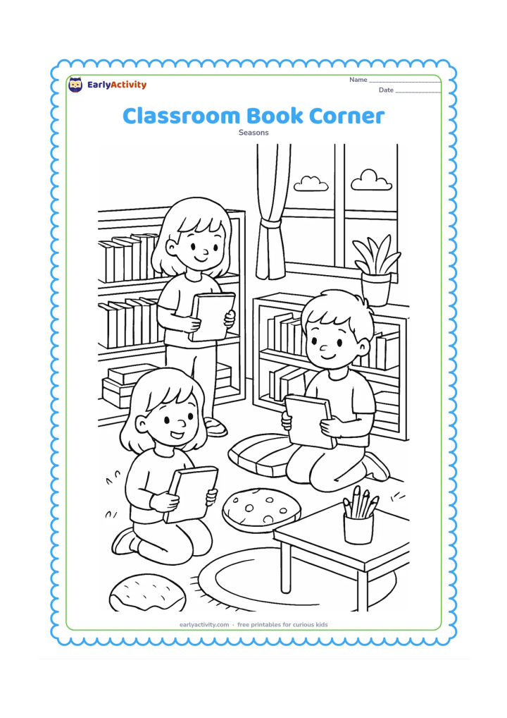 Colouring page: Three children choose and arrange blank-covered books in a classroom reading corner. Include low shelves, floor cushions, a small rug, a window, a plant and a reading table with pencils.