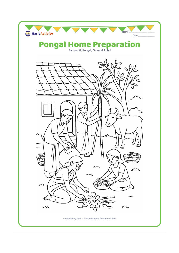 Colouring page: A family prepares for Pongal outside a tiled-roof home: one person draws a kolam, one cleans a pot, one ties sugarcane, and a child arranges flowers. Add a cow, baskets, and a courtyard…