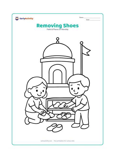 Colouring page: Draw two children placing their shoes neatly on a simple shoe shelf before entering a gurudwara. Show the entrance, a large dome above it and the Nishan Sahib outside.