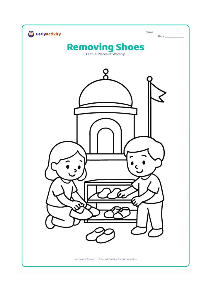 Colouring page: Draw two children placing their shoes neatly on a simple shoe shelf before entering a gurudwara. Show the entrance, a large dome above it and the Nishan Sahib outside.