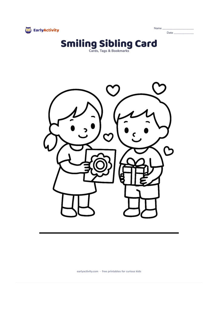 Worksheet: Show two simple children standing side by side, one offering a large rakhi card and the other holding a small gift box, with a few heart and flower shapes around them. Leave a broad…