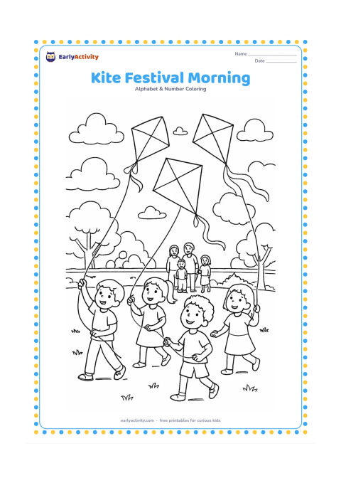 Colouring page: Several children fly differently shaped kites in an open Indian park on a breezy morning. Include a few trees, a low boundary wall, scattered clouds and a small group of families…