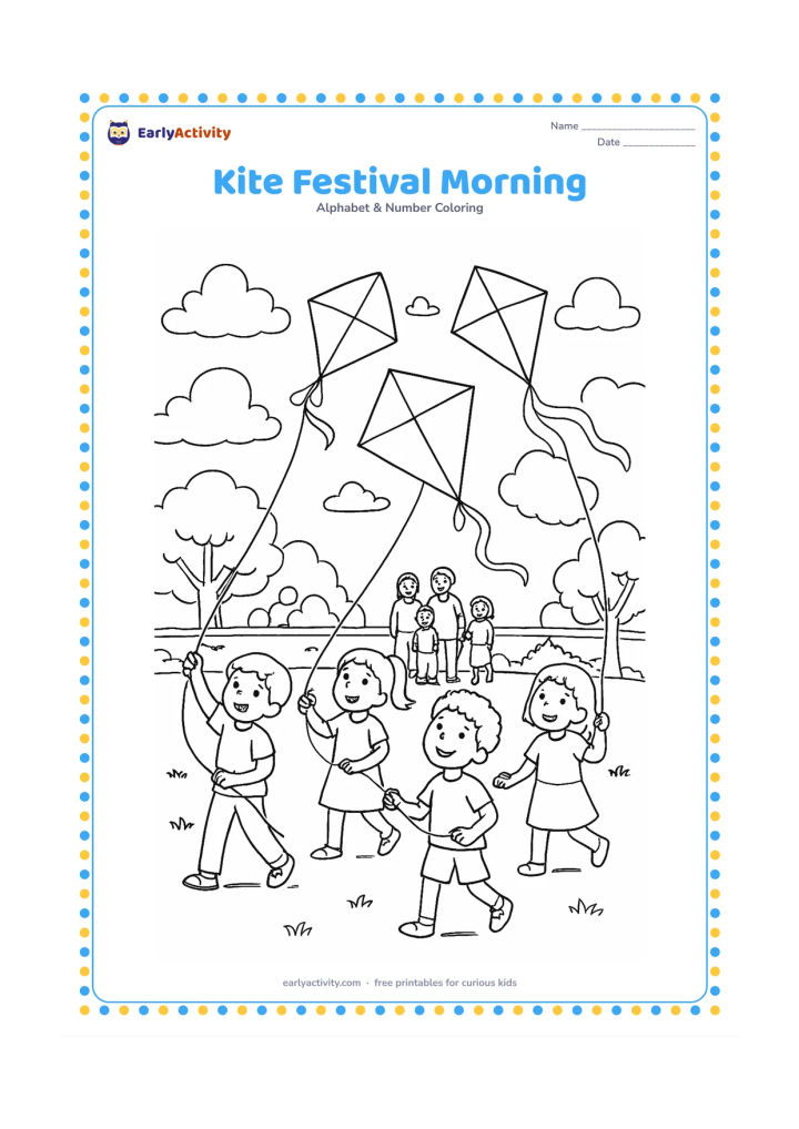 Colouring page: Several children fly differently shaped kites in an open Indian park on a breezy morning. Include a few trees, a low boundary wall, scattered clouds and a small group of families…