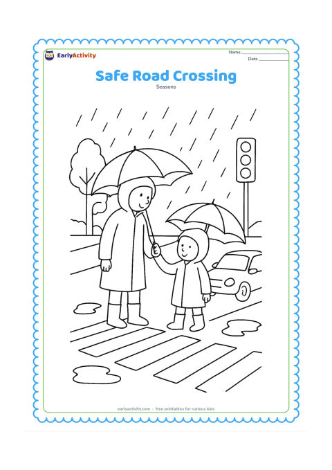 Colouring page: An adult holds a child's hand while they wait safely at the edge of a wet road, with umbrellas and raincoats protecting them. Show a zebra crossing, a slow-moving plain car, puddles,…