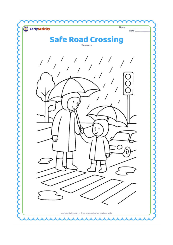 Colouring page: An adult holds a child's hand while they wait safely at the edge of a wet road, with umbrellas and raincoats protecting them. Show a zebra crossing, a slow-moving plain car, puddles,…
