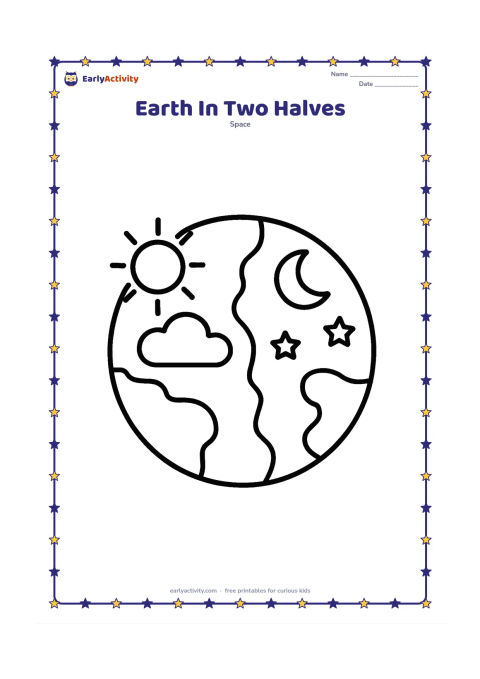 Colouring page: Show one large Earth divided visually into a sunny side with a cloud and a dark-side suggestion with a crescent Moon and stars. Use a curved boundary across the planet without adding any…