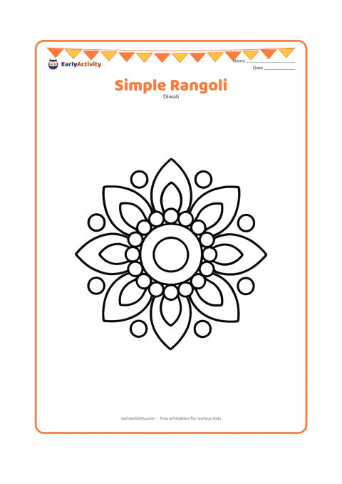 Colouring page: Draw a large, symmetrical rangoli made from broad petals, circles, and simple curved shapes on the floor. Keep the design centered and surrounded by open space.