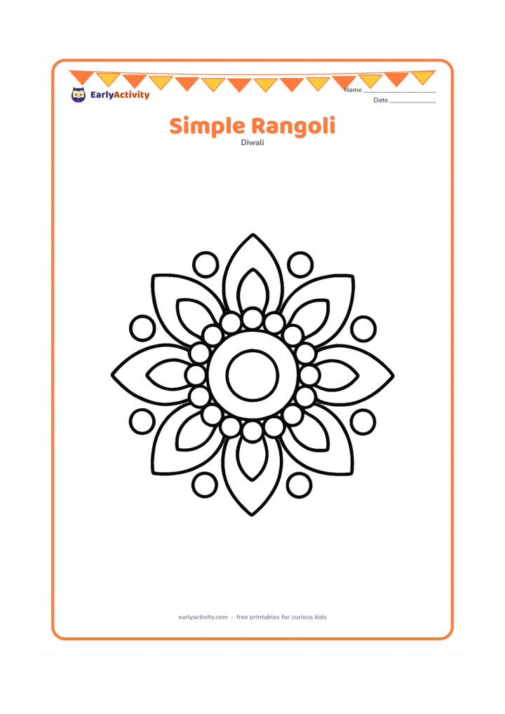 Colouring page: Draw a large, symmetrical rangoli made from broad petals, circles, and simple curved shapes on the floor. Keep the design centered and surrounded by open space.