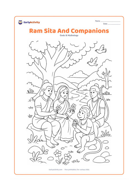 Colouring page: Ram and Sita sit with Hanuman and Lakshman beneath a large tree, sharing flowers beside a forest path with a stream, rocks, birds, and distant hills.