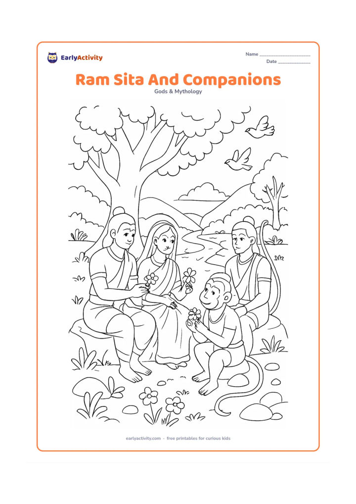 Colouring page: Ram and Sita sit with Hanuman and Lakshman beneath a large tree, sharing flowers beside a forest path with a stream, rocks, birds, and distant hills.