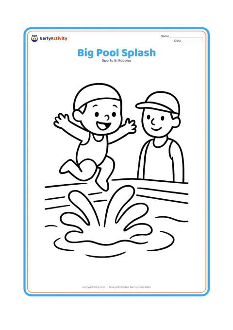 Colouring page: A cheerful swimmer makes a large splash while jumping into a shallow pool under the watch of a nearby adult supervisor. Show only simple pool edges and wide water shapes, with no text or…