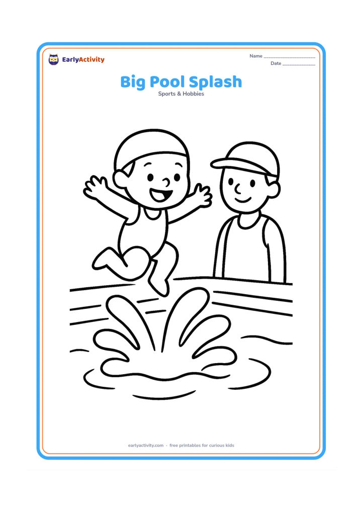 Colouring page: A cheerful swimmer makes a large splash while jumping into a shallow pool under the watch of a nearby adult supervisor. Show only simple pool edges and wide water shapes, with no text or…