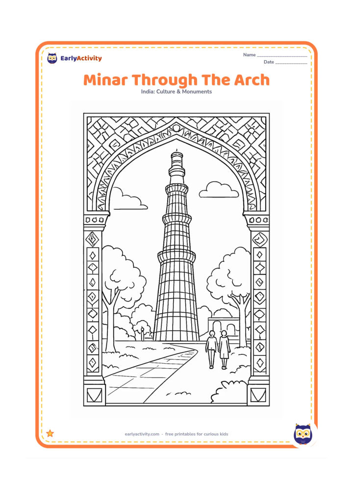 Colouring page: Frame Qutub Minar through a large foreground arch with geometric carving, showing the tower's balconies and fluted storeys beyond it. Add a courtyard path, trees, and two visitors in the…