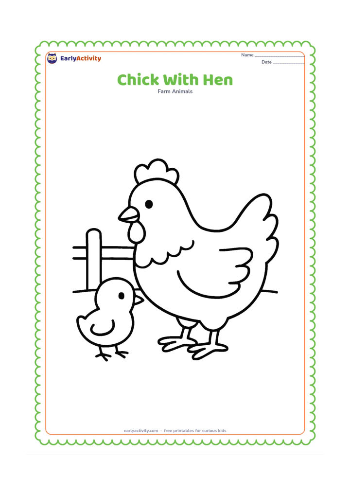 Colouring page: Draw a small chick standing close beside its large hen mother. Place both on a simple farmyard ground line with one fence post in the background.