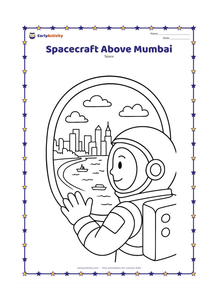 Colouring page: Draw a friendly astronaut looking through a spacecraft window toward a coastal Indian city below, with a curved shoreline, high-rise buildings, a few boats and clouds. Show the…