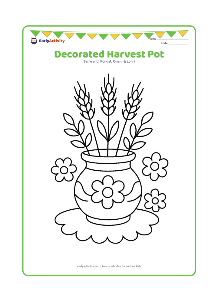 Colouring page: A broad decorated pot sits on the ground, filled with tall wheat stalks and leafy sprigs. Surround it with three large flower shapes and a simple scalloped cloth underneath.