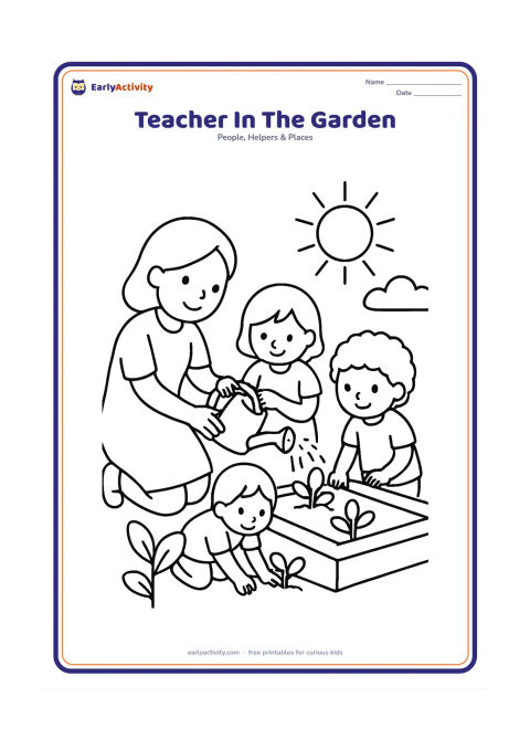 Colouring page: A teacher kneels outdoors while three children water seedlings in a school garden. Include raised planting beds, a watering can, large leaves and a sunny sky.