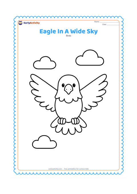 Colouring page: Draw a large eagle flying toward the viewer with wings stretched sideways and feet tucked up. Add three large, rounded clouds spaced widely across the sky.