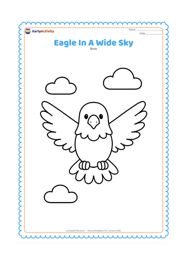 Colouring page: Draw a large eagle flying toward the viewer with wings stretched sideways and feet tucked up. Add three large, rounded clouds spaced widely across the sky.