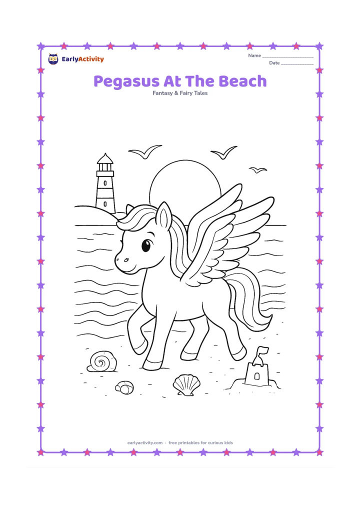 Colouring page: Show a pegasus walking along a sandy beach beside gentle waves, seashells and a small sandcastle. Include a distant lighthouse, a few seabirds and a large rising sun.