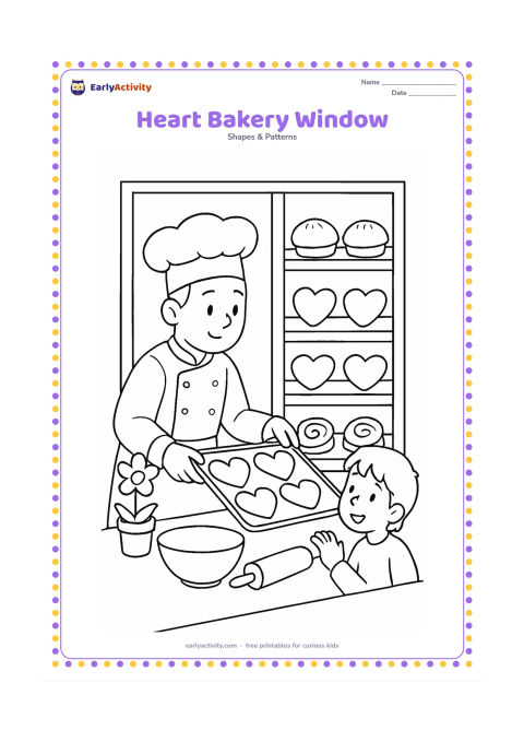 Colouring page: Show a baker arranging heart-shaped biscuits and buns in a shop window, with shelves, a mixing bowl, rolling pin, flower pot, and a child looking in.
