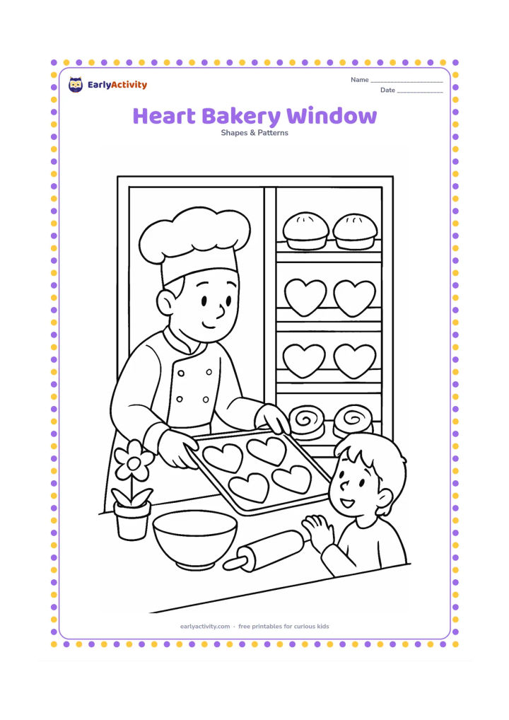 Colouring page: Show a baker arranging heart-shaped biscuits and buns in a shop window, with shelves, a mixing bowl, rolling pin, flower pot, and a child looking in.