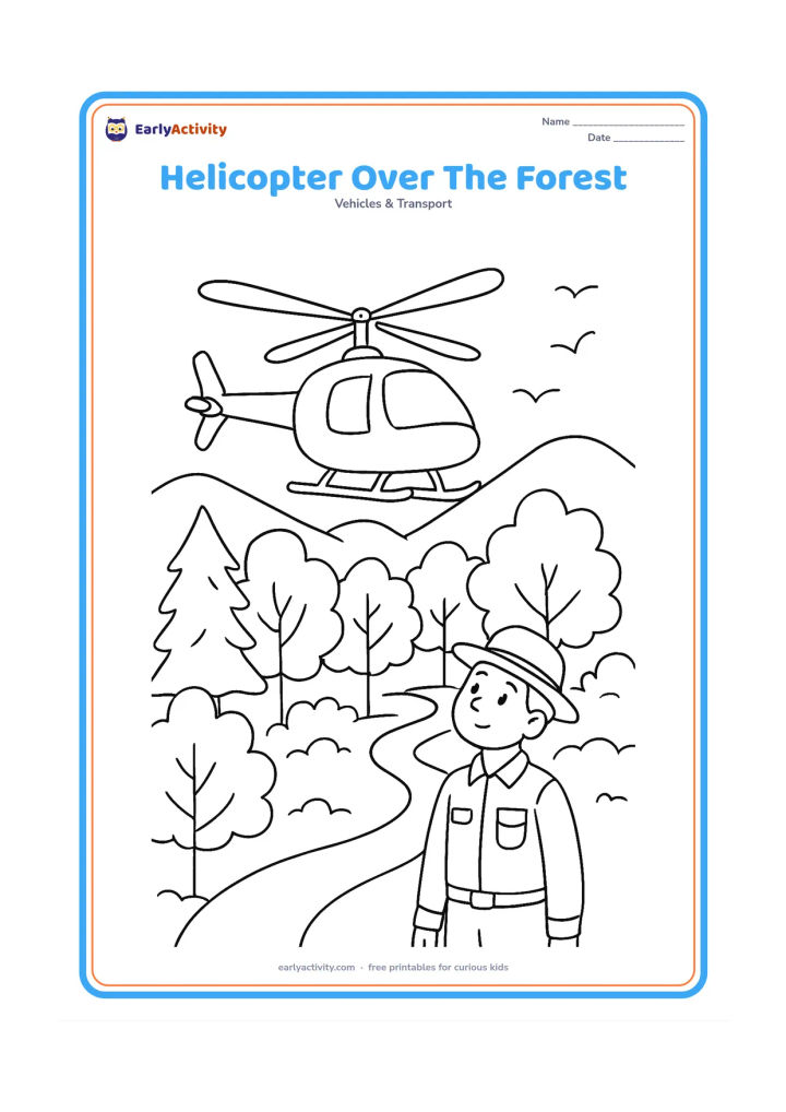 Colouring page: Draw a helicopter flying above a forest canopy with varied trees, a winding trail and a ranger looking upward. Add distant hills and a few birds in the sky.
