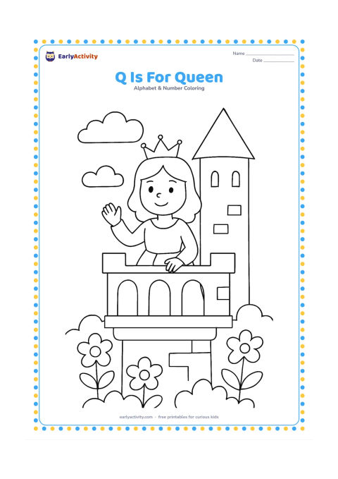Colouring page: Draw a smiling storybook queen waving from a small castle balcony, with a flag-free tower, clouds and a garden below. Keep her clothing and crown simple and friendly.