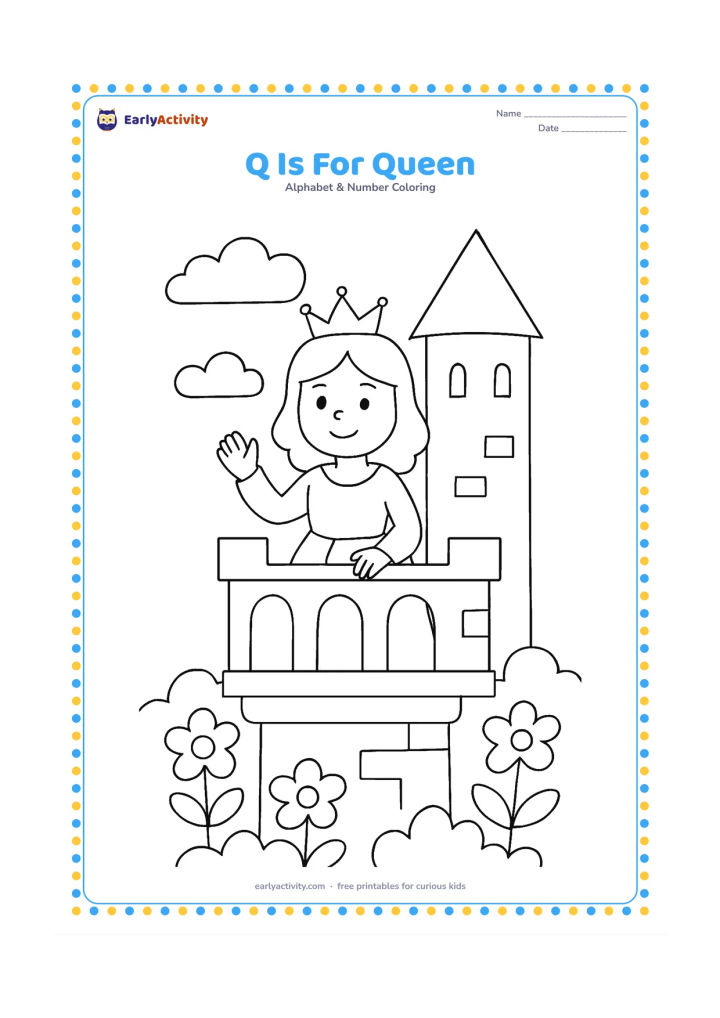 Colouring page: Draw a smiling storybook queen waving from a small castle balcony, with a flag-free tower, clouds and a garden below. Keep her clothing and crown simple and friendly.