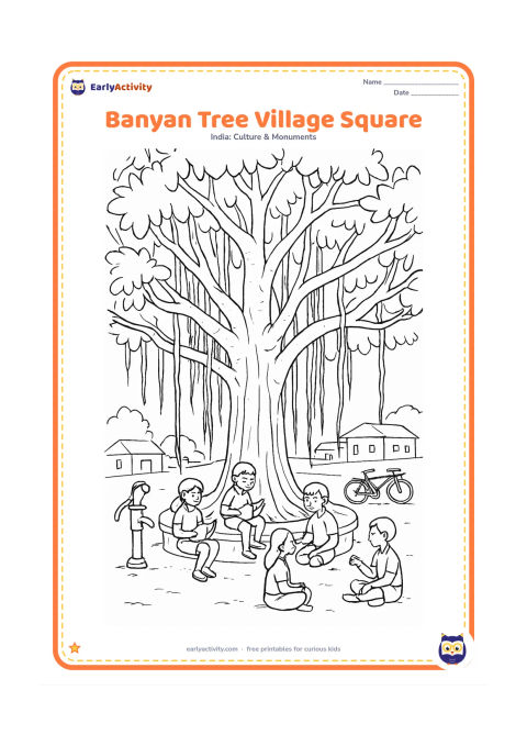 Colouring page: Draw a huge Indian banyan tree spreading over a village square, with hanging aerial roots, a circular bench and children reading or talking beneath it. Add a hand pump, bicycles and…