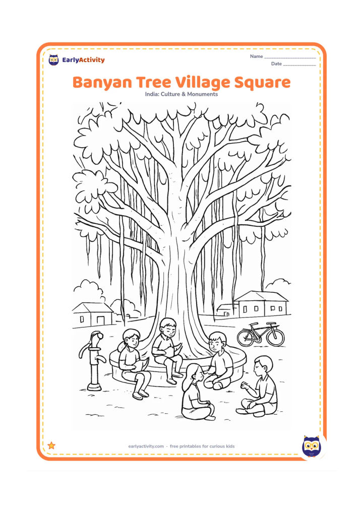 Colouring page: Draw a huge Indian banyan tree spreading over a village square, with hanging aerial roots, a circular bench and children reading or talking beneath it. Add a hand pump, bicycles and…