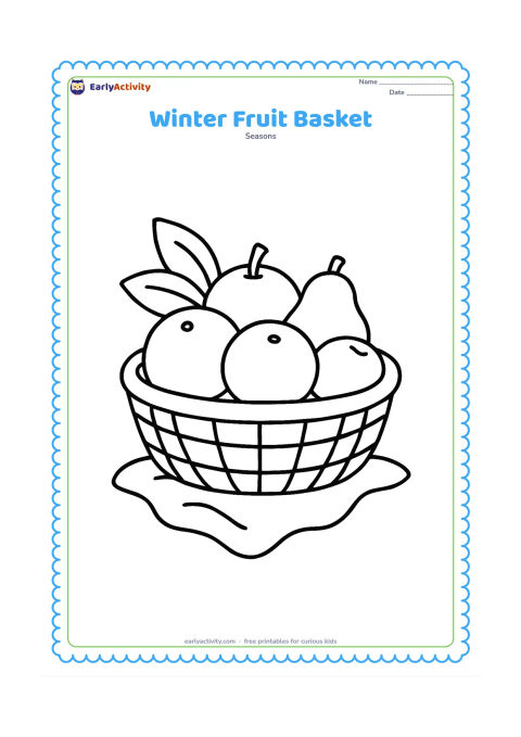 Colouring page: A wide basket filled with simple winter fruits such as oranges, guavas and apples, with two large leaves and a cloth beneath it. Arrange the fruit in clear, separate shapes.