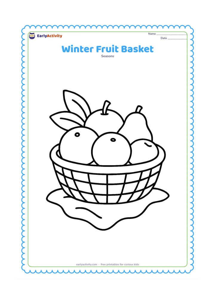 Colouring page: A wide basket filled with simple winter fruits such as oranges, guavas and apples, with two large leaves and a cloth beneath it. Arrange the fruit in clear, separate shapes.