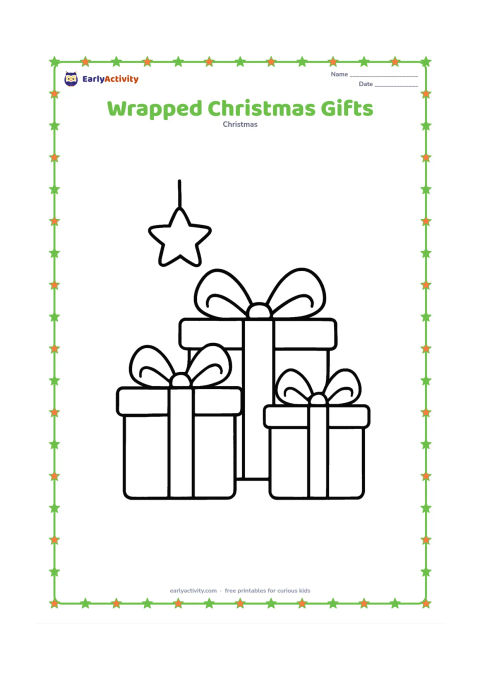 Colouring page: Three large wrapped presents sit together, each with a simple ribbon and bow, beneath a small hanging star. Make every gift a different rectangular shape with generous blank areas.