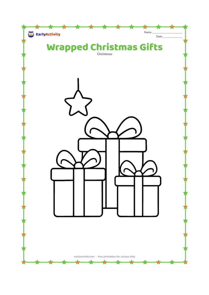 Colouring page: Three large wrapped presents sit together, each with a simple ribbon and bow, beneath a small hanging star. Make every gift a different rectangular shape with generous blank areas.