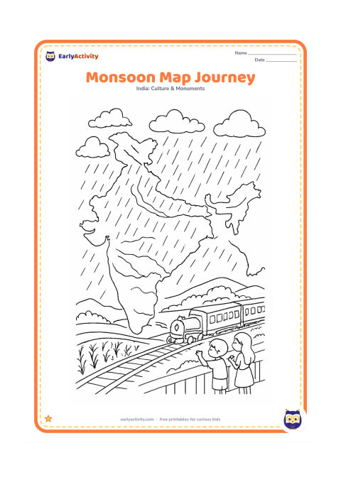 Colouring page: Create a detailed India map with cloud bands, monsoon rain lines, rivers flowing toward the sea, and a small train journey scene crossing the interior. Add green hills, a rice field, and…