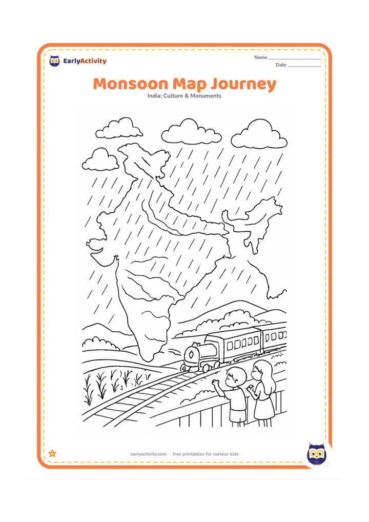 Colouring page: Create a detailed India map with cloud bands, monsoon rain lines, rivers flowing toward the sea, and a small train journey scene crossing the interior. Add green hills, a rice field, and…