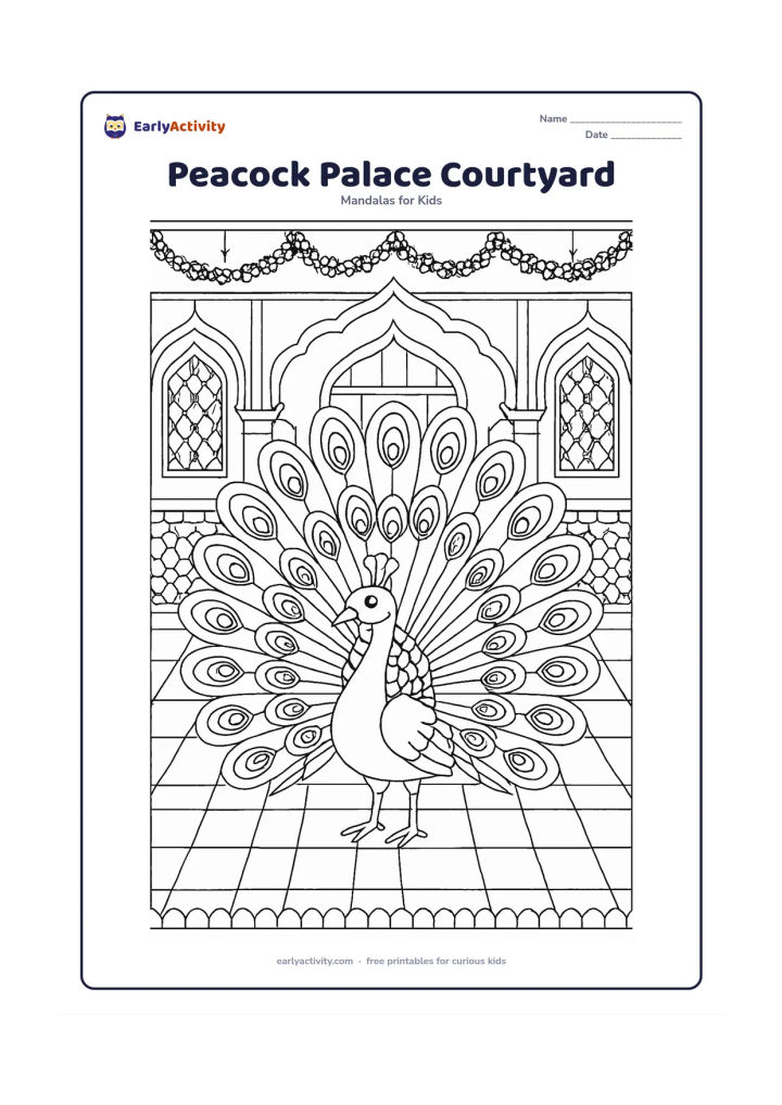 Colouring page: A peacock displays its full tail in the centre of a round mandala inspired by an Indian palace courtyard. Surround it with symmetrical arches, tiled floor shapes, flower garlands,…