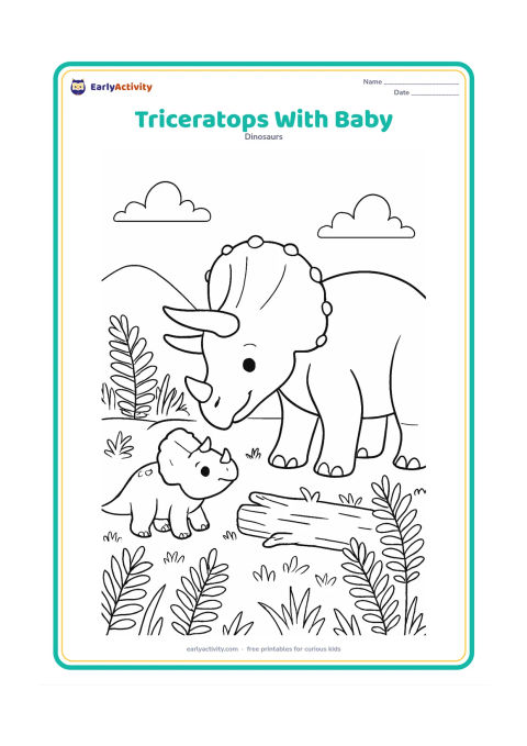 Colouring page: An adult triceratops gently lowers its head toward a small baby triceratops in a fern-filled meadow. Include a fallen log, several ferns, and distant rounded hills.