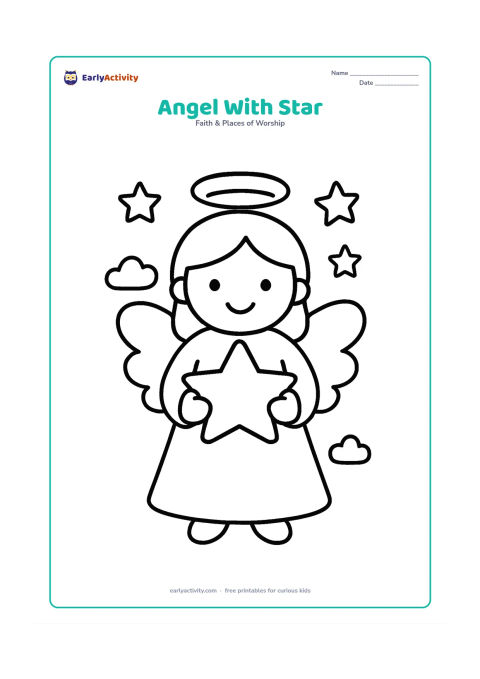 Colouring page: A cheerful angel stands holding one large five-pointed star at chest height, with two round clouds and three small stars around the figure. Keep the composition centered with generous…