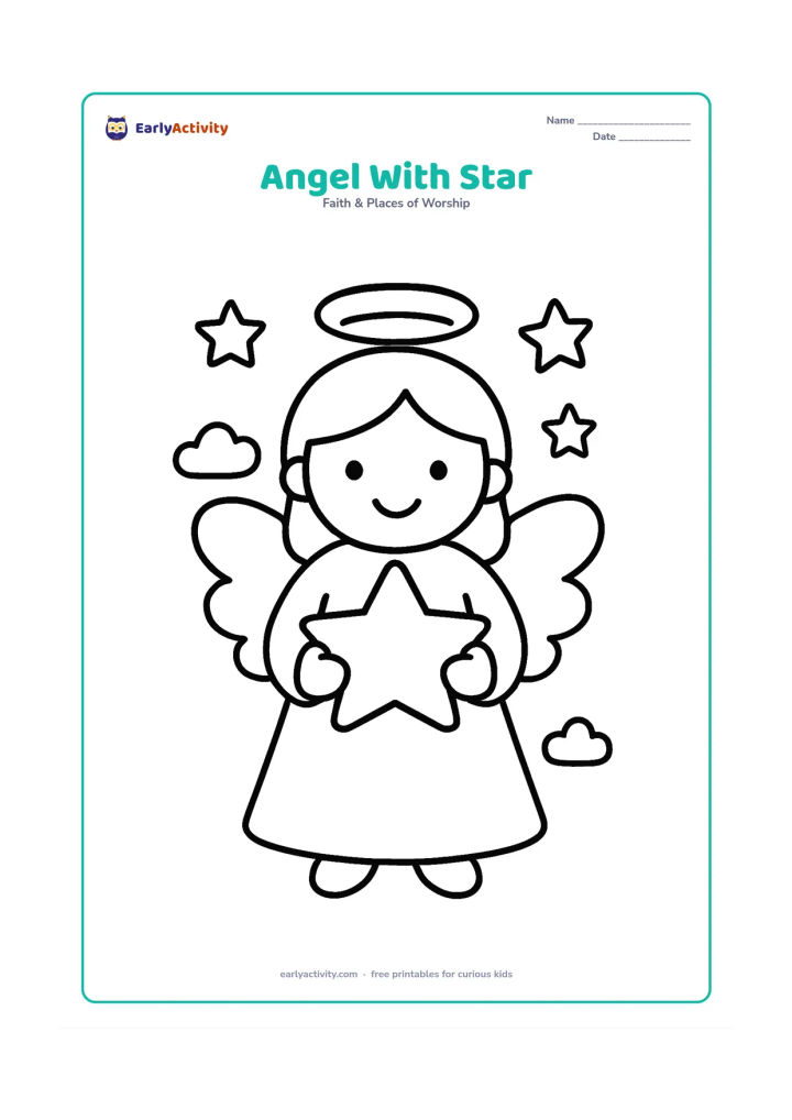 Colouring page: A cheerful angel stands holding one large five-pointed star at chest height, with two round clouds and three small stars around the figure. Keep the composition centered with generous…