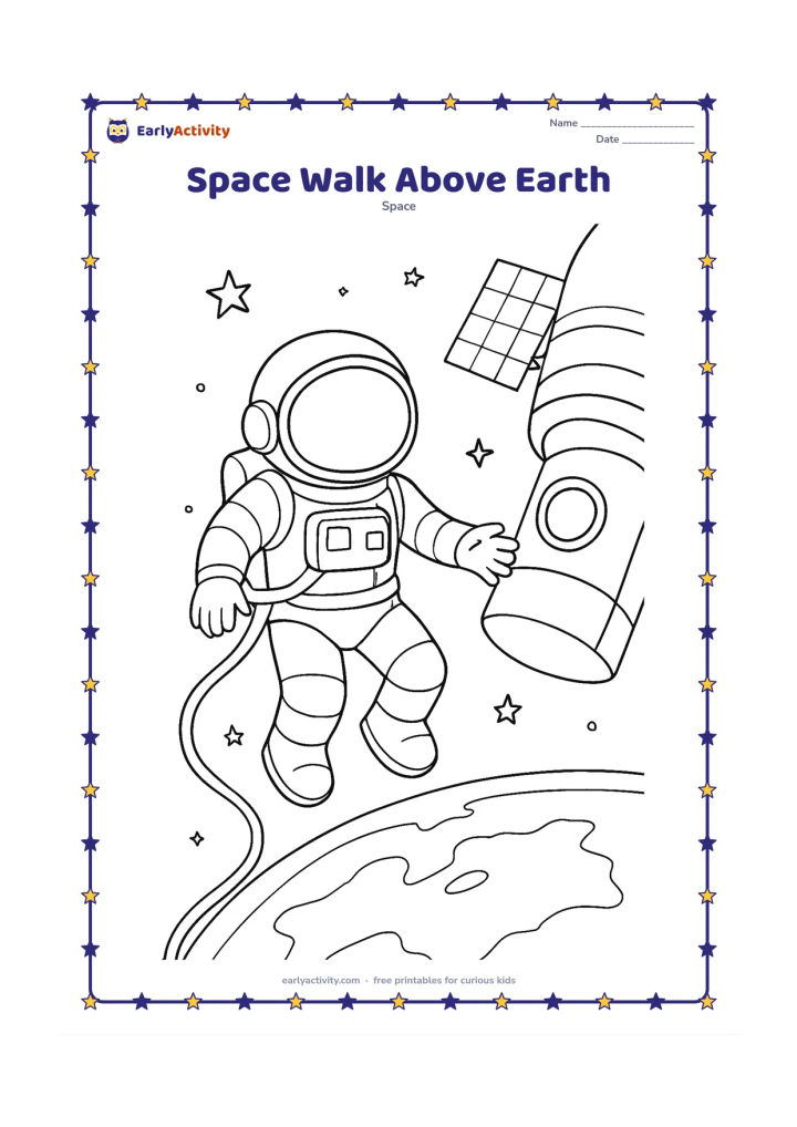 Colouring page: Draw an astronaut carefully floating outside a spacecraft while looking down at curved Earth below. Include a tether, oxygen pack, gloves, boots, solar panels and scattered stars.