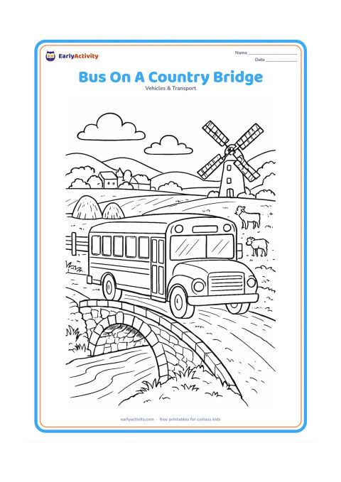 Colouring page: Draw a school bus crossing a stone bridge over a stream, with a farm field, hay bundles, a windmill, grazing goats behind a fence, and a distant village. Show the bridge structure and…