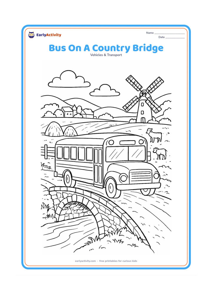 Colouring page: Draw a school bus crossing a stone bridge over a stream, with a farm field, hay bundles, a windmill, grazing goats behind a fence, and a distant village. Show the bridge structure and…