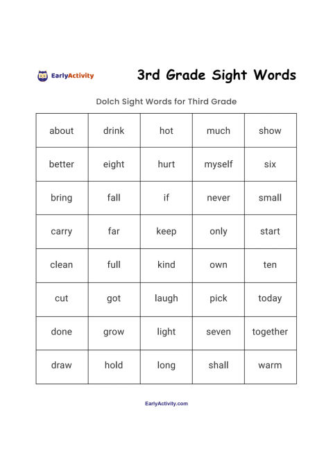 Worksheet page with a grid of third-grade Dolch sight words, including about, drink, hot, much, show and other common words.