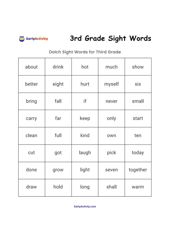 Worksheet page with a grid of third-grade Dolch sight words, including about, drink, hot, much, show and other common words.
