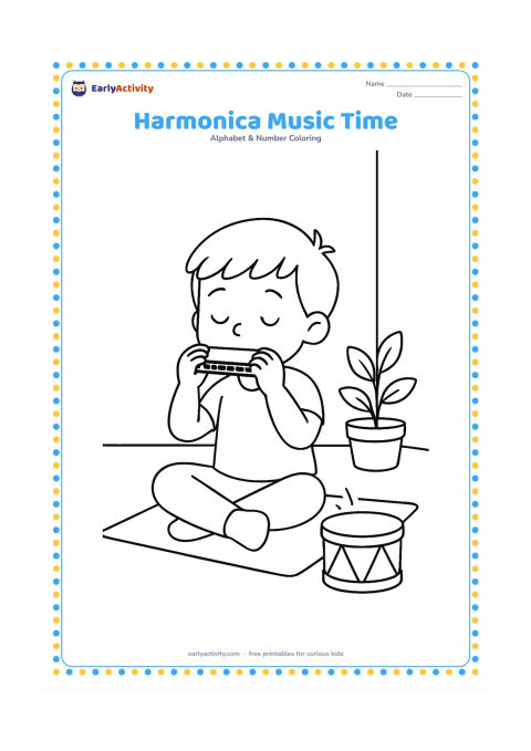 Colouring page: A child sits on a mat playing a plain harmonica, with a small drum, a few floating music-note-shaped decorative marks omitted, and a potted plant nearby. The harmonica must contain no…