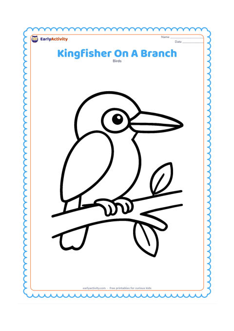 Colouring page: A friendly kingfisher sits sideways on one thick branch, with a large beak, rounded body, folded wings and short tail clearly visible. Leave open space around the bird and add only two…