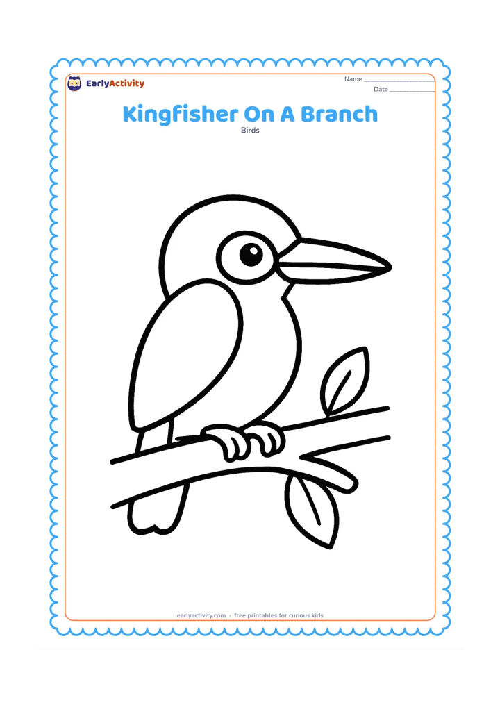 Colouring page: A friendly kingfisher sits sideways on one thick branch, with a large beak, rounded body, folded wings and short tail clearly visible. Leave open space around the bird and add only two…